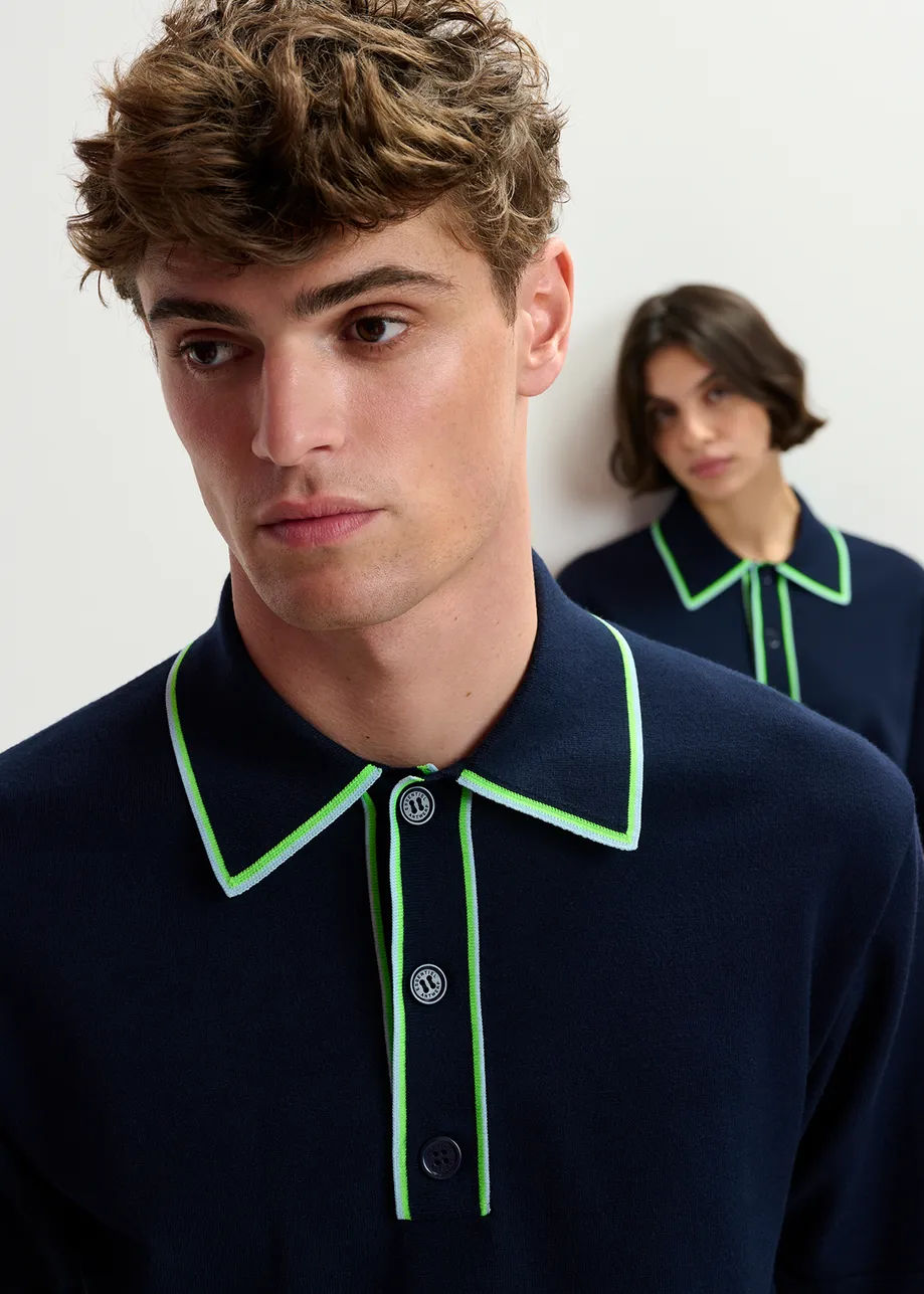 Dark blue, green and blue polo with contrasting collar