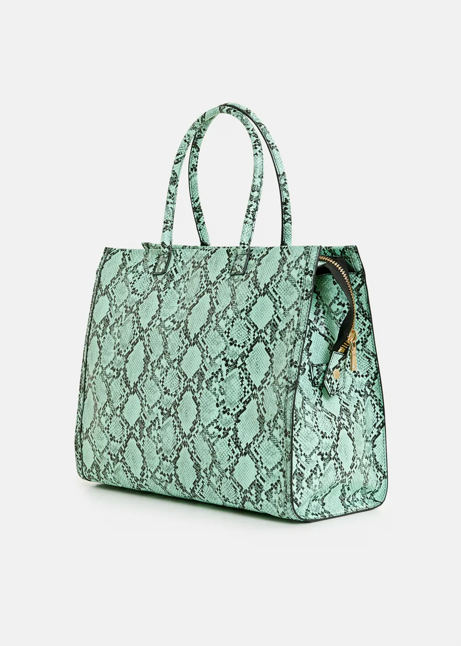 Blauwe en zwarte shopper met slangenprint