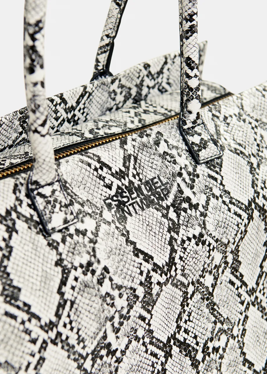 Borsa shopper con stampa serpente bianca e nera