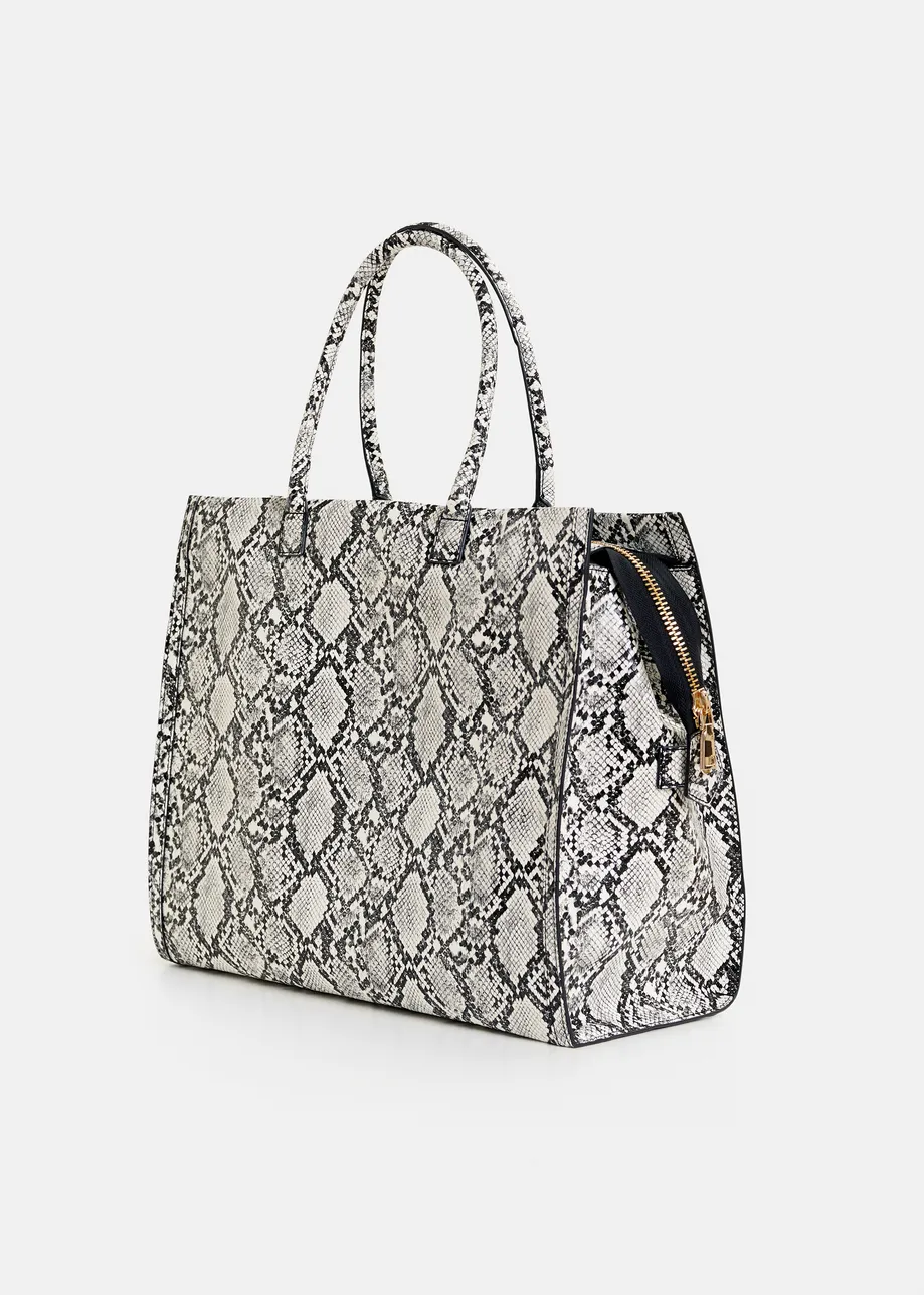 Borsa shopper con stampa serpente bianca e nera