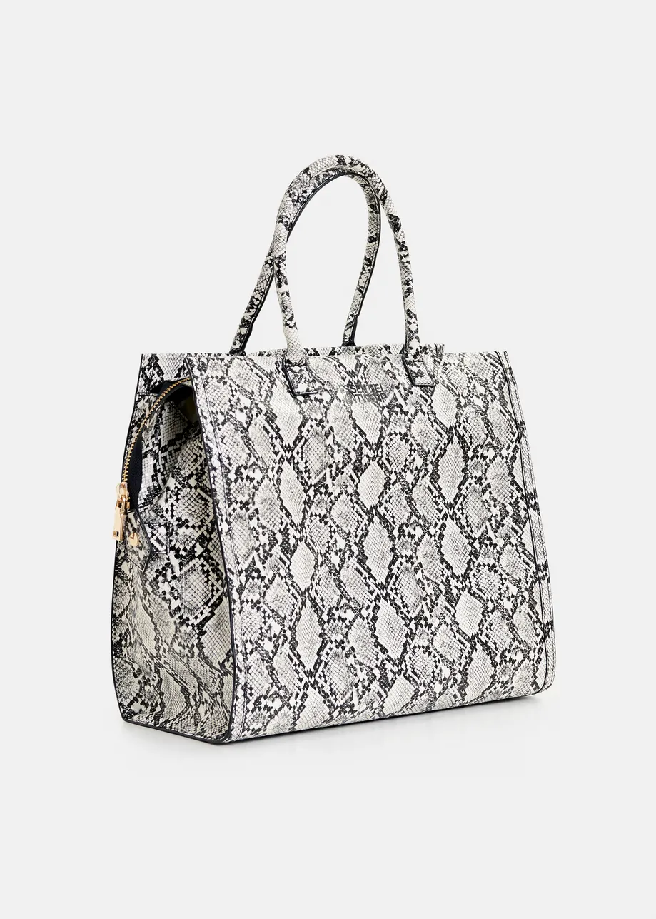 Gebroken witte en zwarte shopper met slangenprint