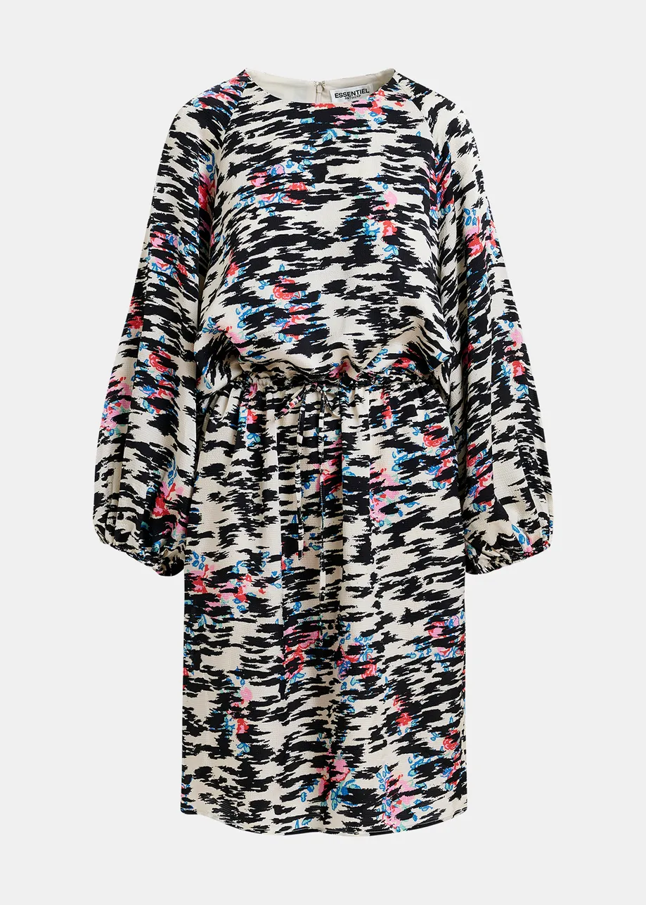 Robe mi-longue à imprimé graphique noir, blanche et multicolore
