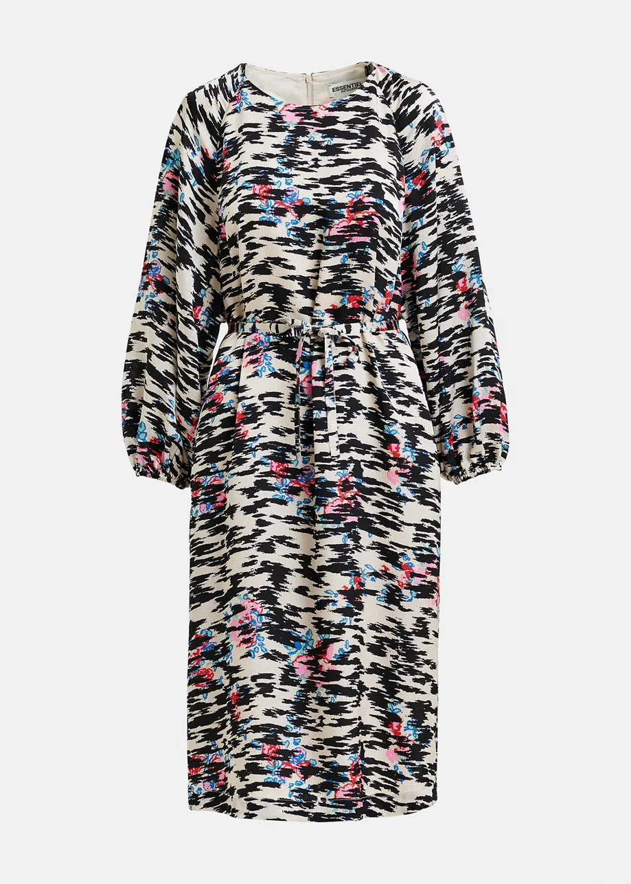 Robe mi-longue à imprimé graphique noir, blanche et multicolore