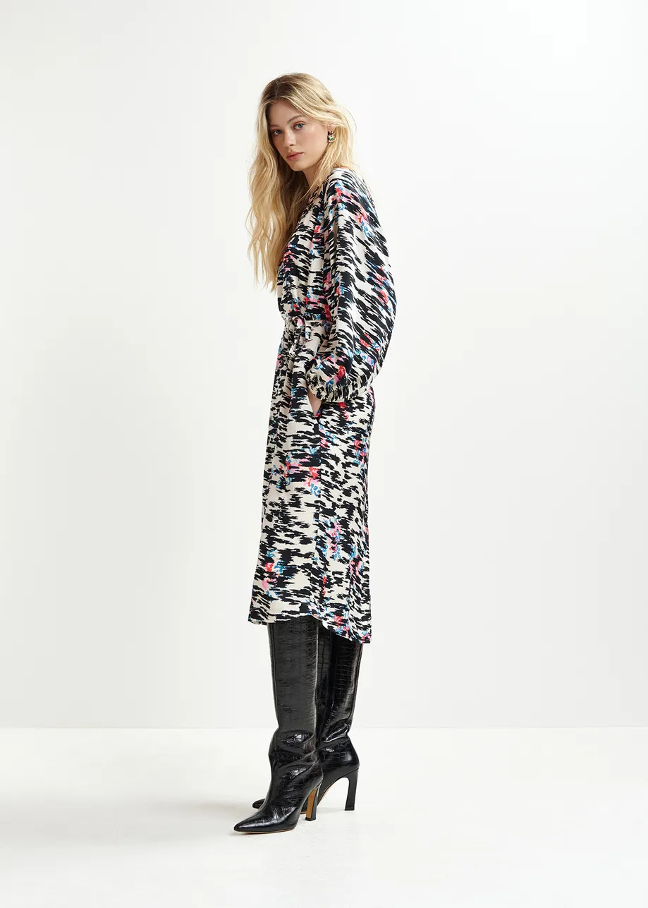 White, black and multicolored knee-length dress with graphic print