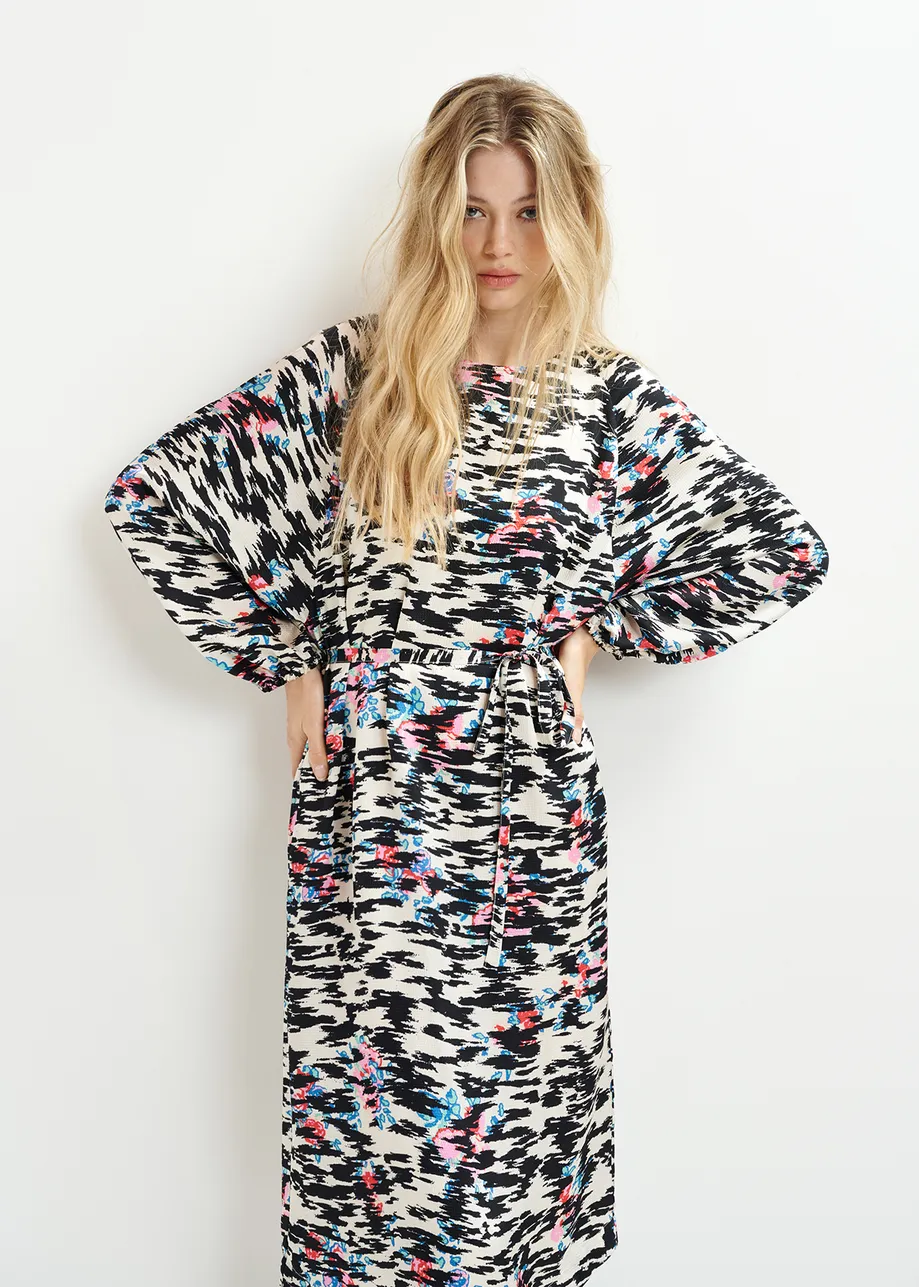 White, black and multicolored knee-length dress with graphic print