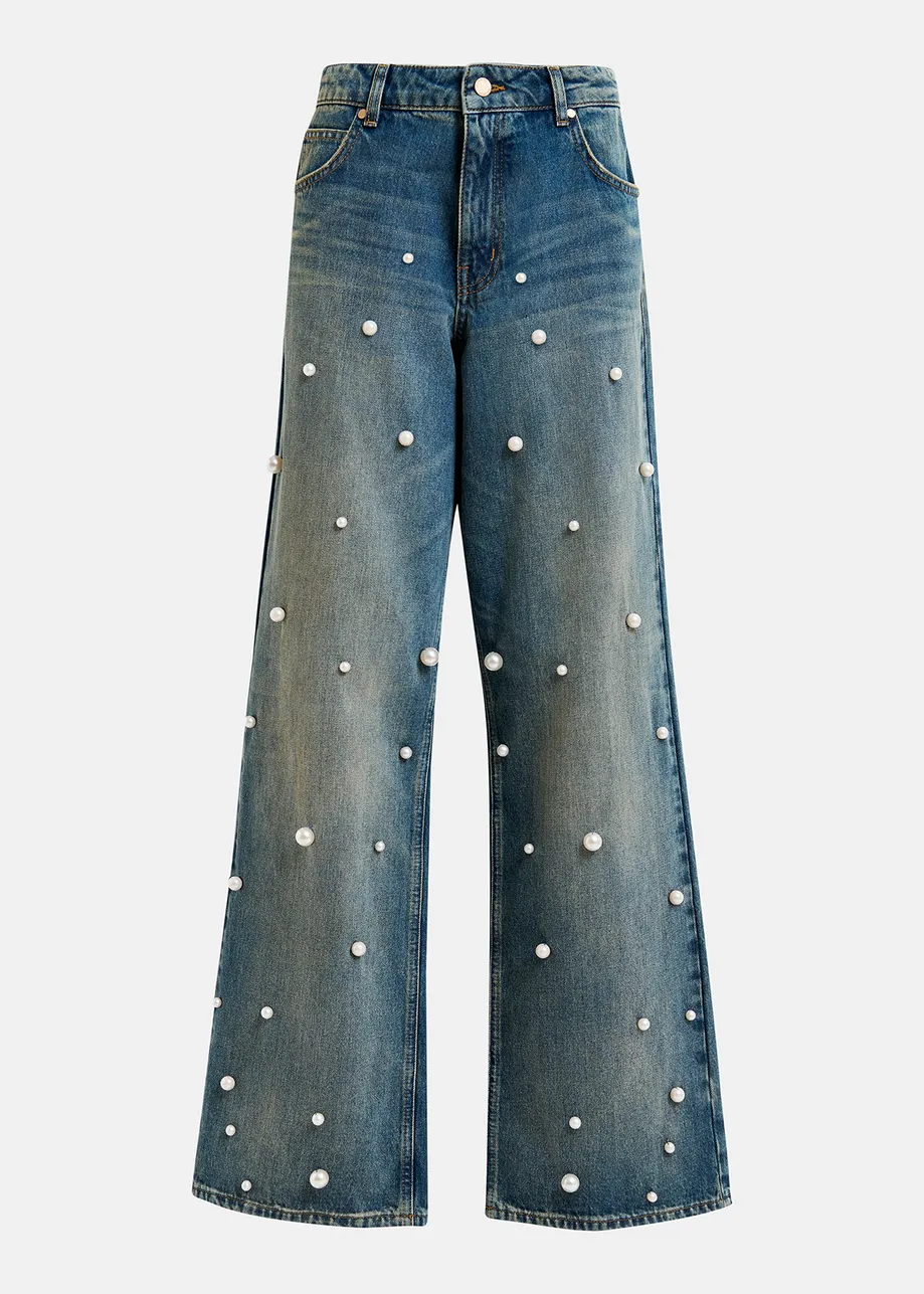 Blue pearl-embellished jeans