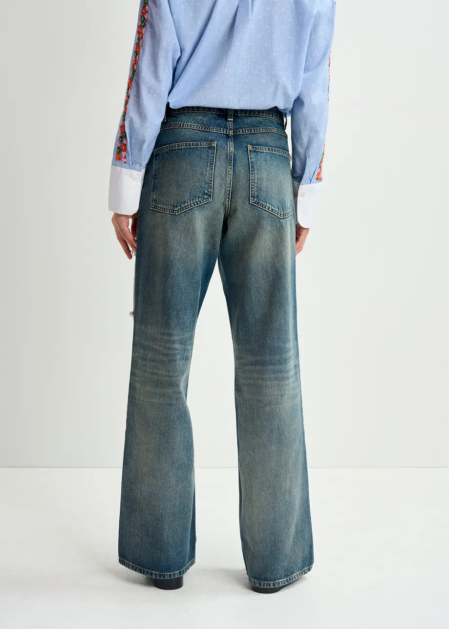 Blauwe jeans met parels