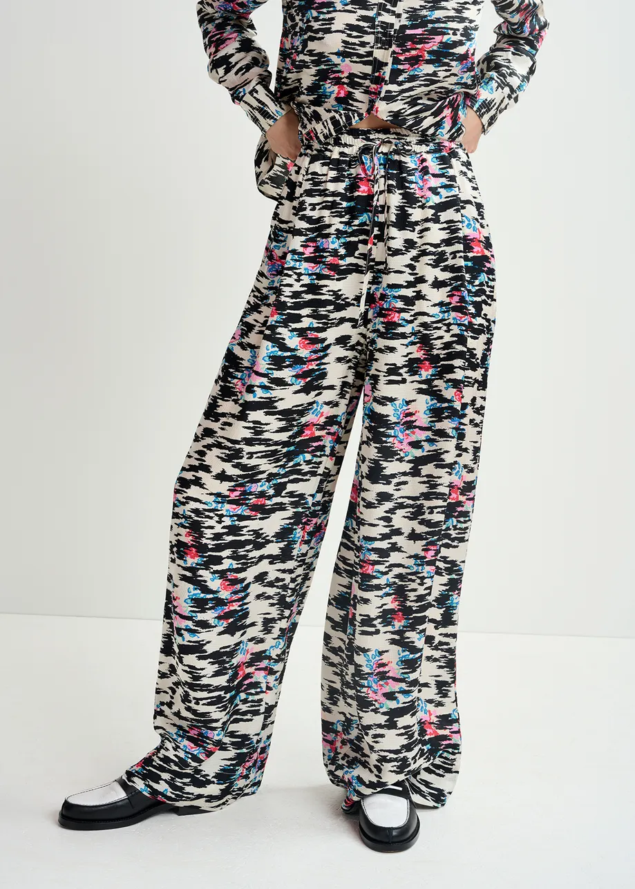 Pantalon large à imprimé zèbre noir, blanc et multicolore