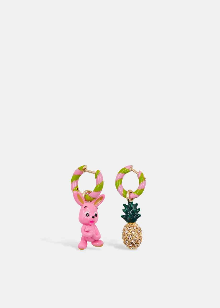 Pink and green hoop earrings with pineapple and bunny pendants