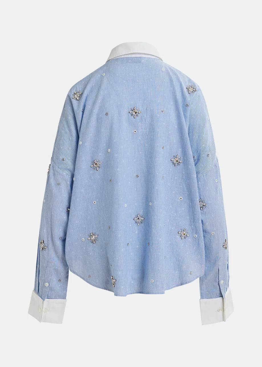Camicia in cotone gessato blu e bianco con ricamo