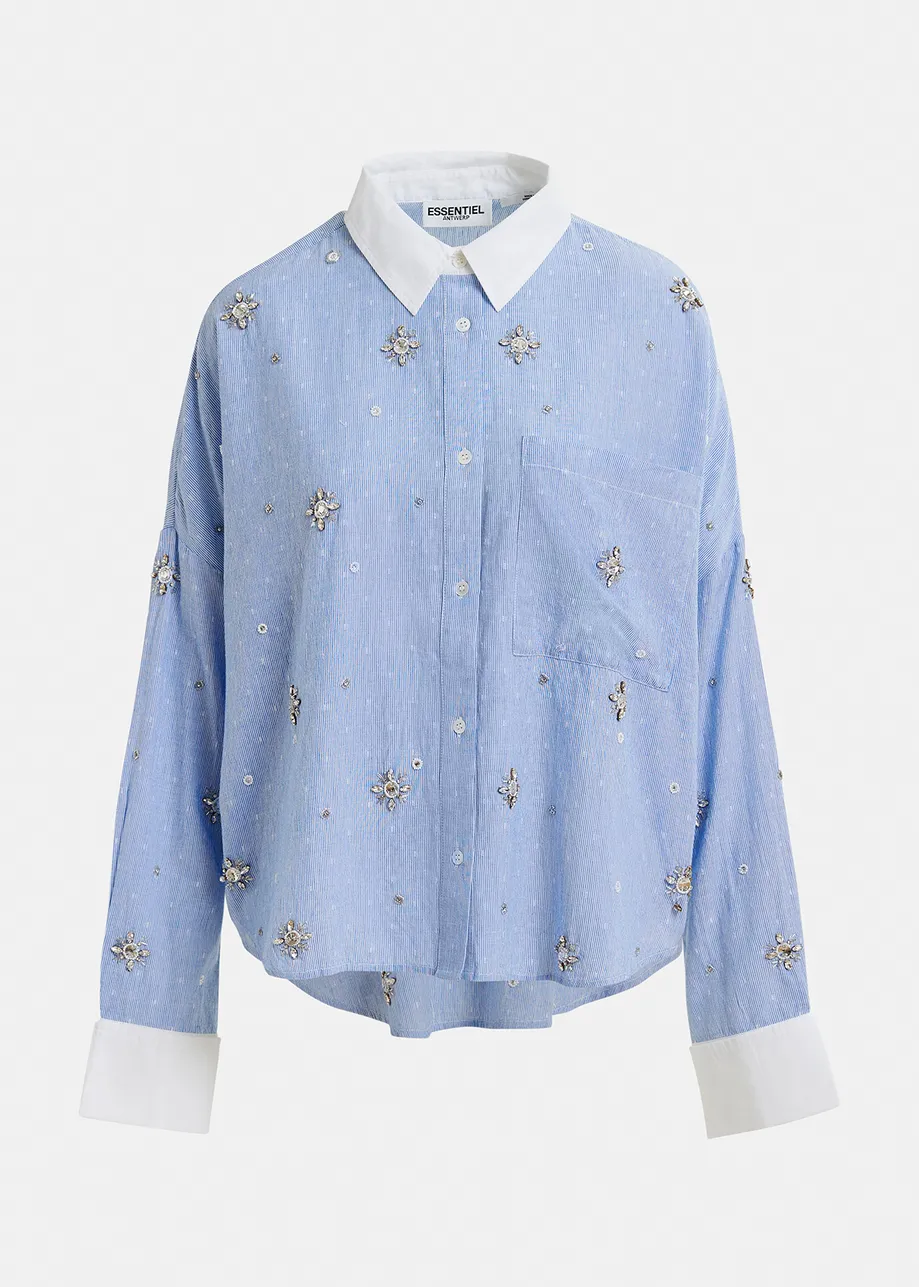 Blue and white pinstriped cotton shirt with embroidery