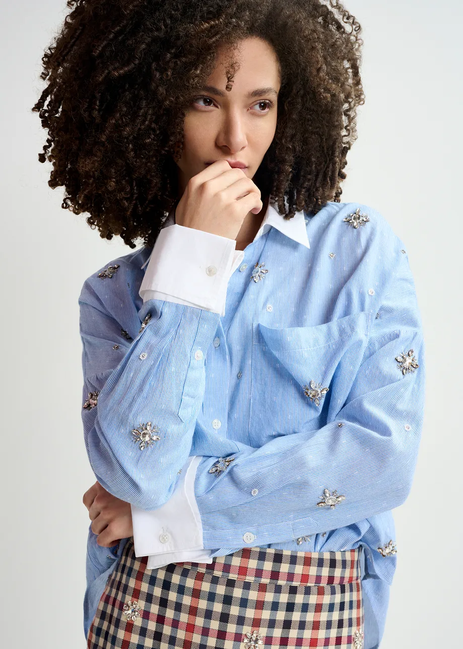 Blue and white pinstriped cotton shirt with embroidery