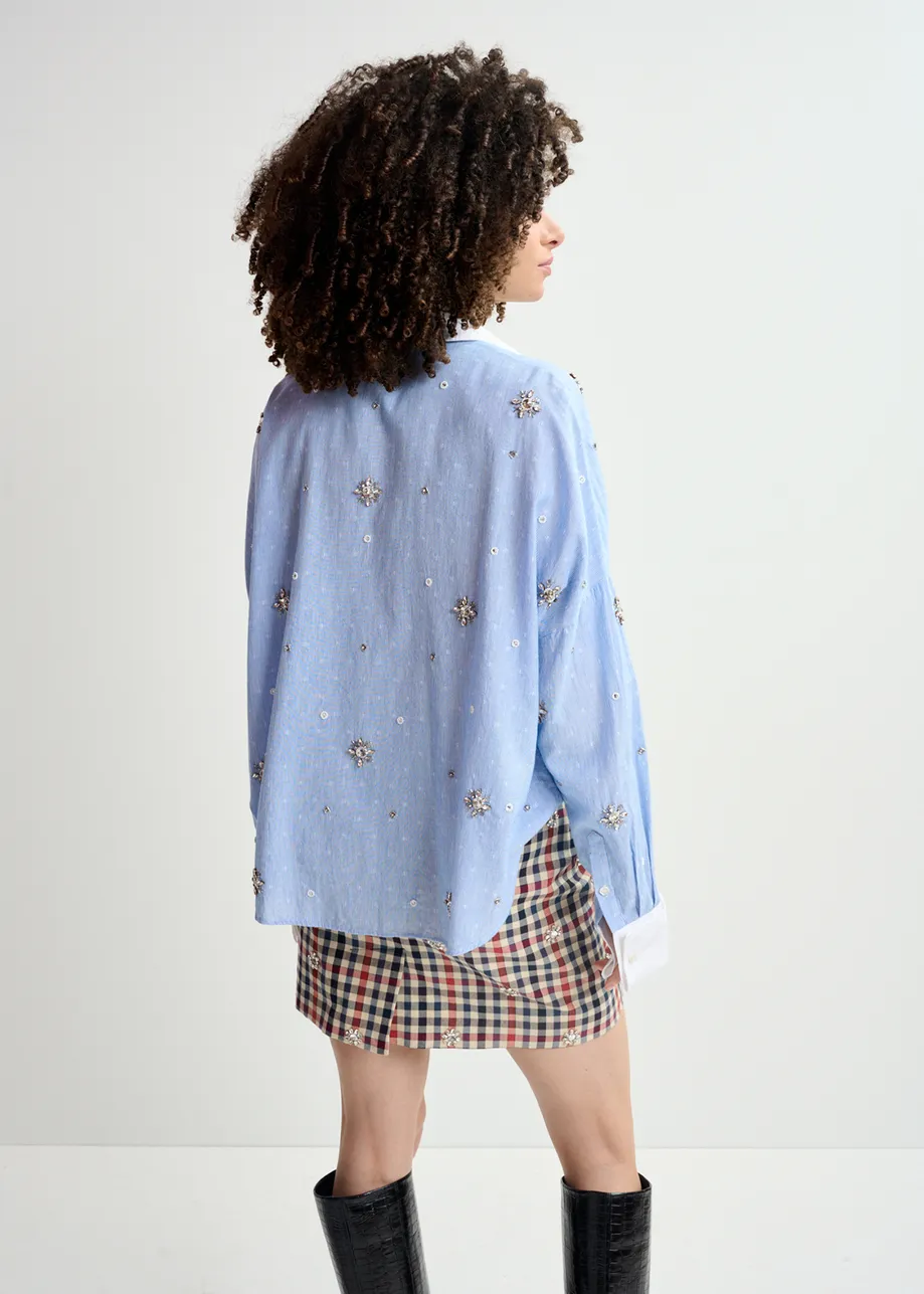 Camicia in cotone gessato blu e bianco con ricamo
