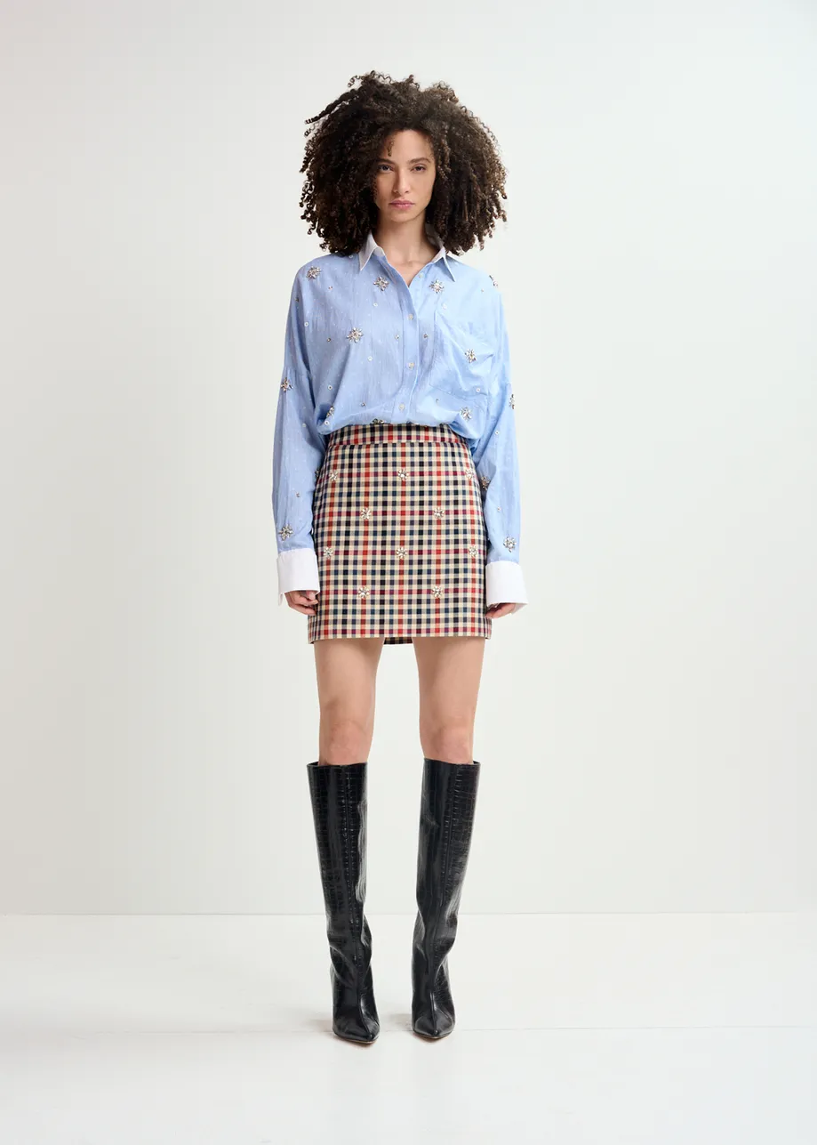 Camicia in cotone gessato blu e bianco con ricamo