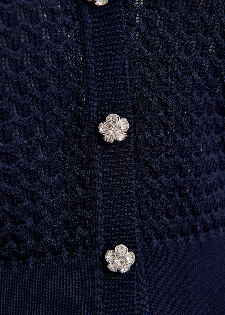 Dark blue knitted v-neck cardigan with rhinestone-embellished buttons