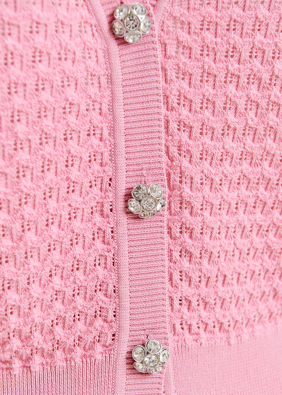 Hellrosa Strick-Cardigan mit V-Ausschnitt und strassbesetzten Knöpfen