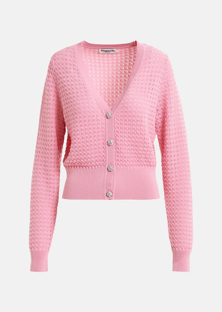 Light pink knitted v-neck cardigan with rhinestone-embellished buttons