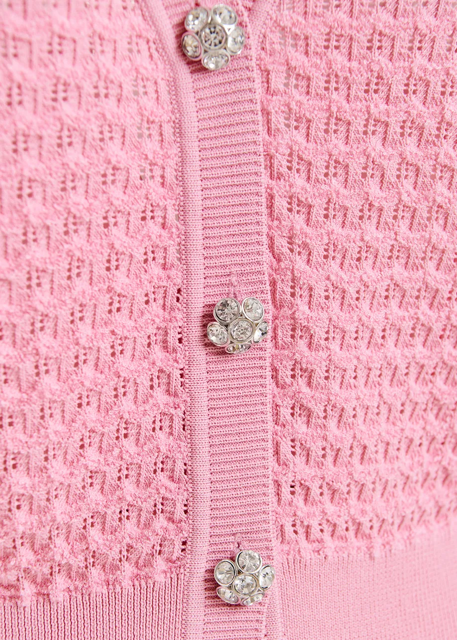 Light pink knitted v-neck cardigan with rhinestone-embellished buttons