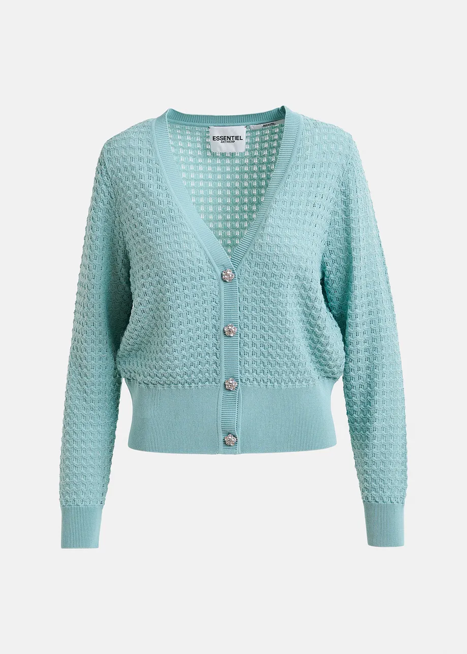 Mint green knitted v-neck cardigan with rhinestone-embellished buttons