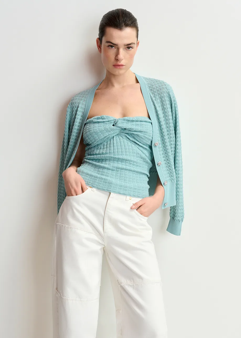 Mint green knitted v-neck cardigan with rhinestone-embellished buttons