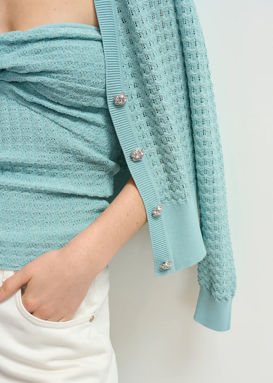 Mint green knitted v-neck cardigan with rhinestone-embellished buttons