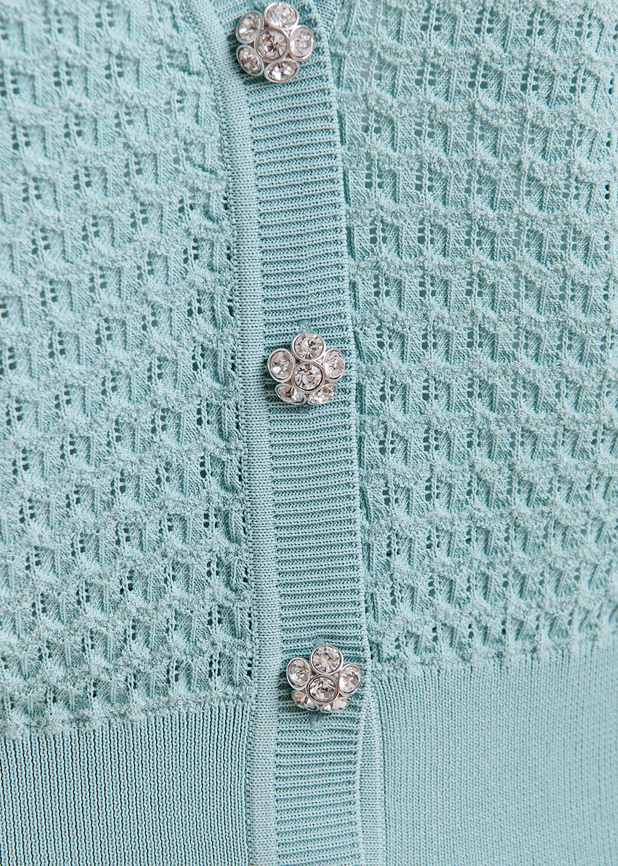 Mint green knitted v-neck cardigan with rhinestone-embellished