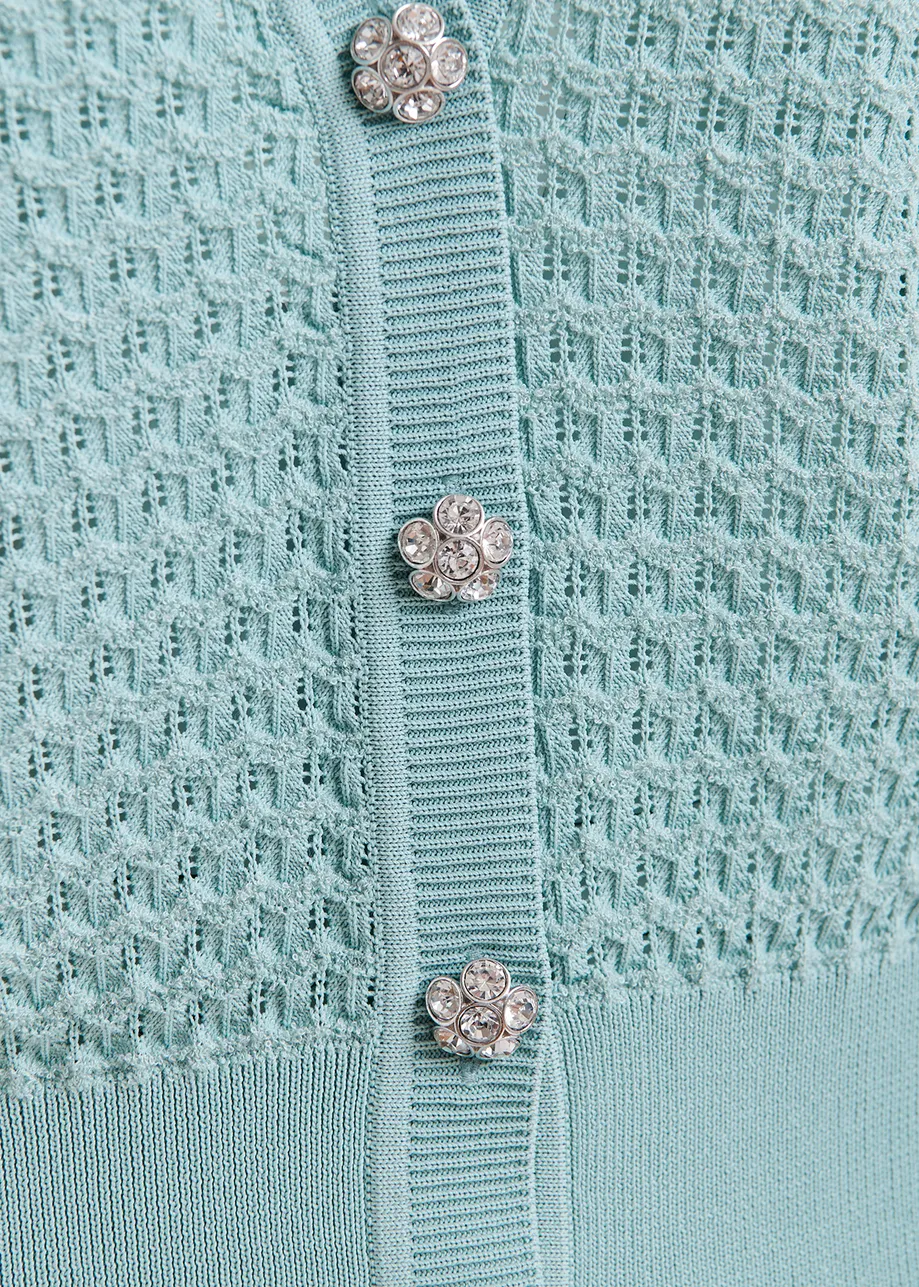 Mint green knitted v-neck cardigan with rhinestone-embellished buttons