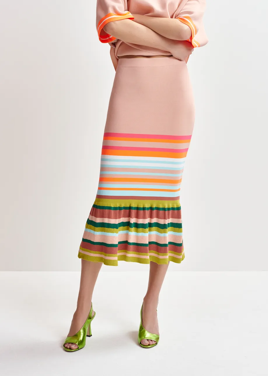 Oudroze en veelkleurig gestreepte midirok