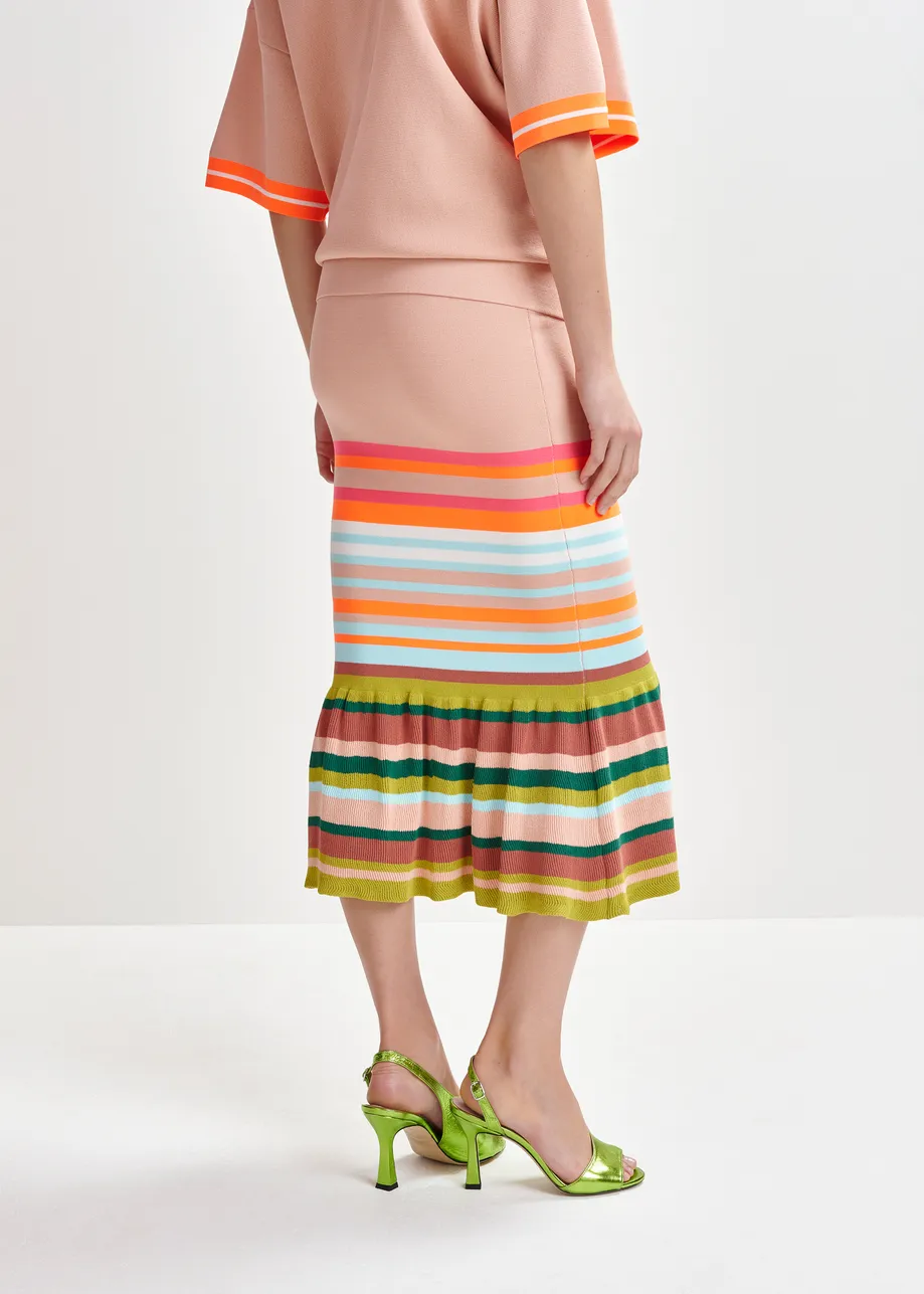 Oudroze en veelkleurig gestreepte midirok