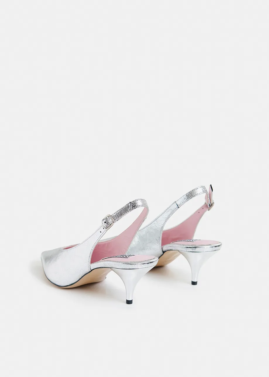 Silver-tone leather slingback pumps
