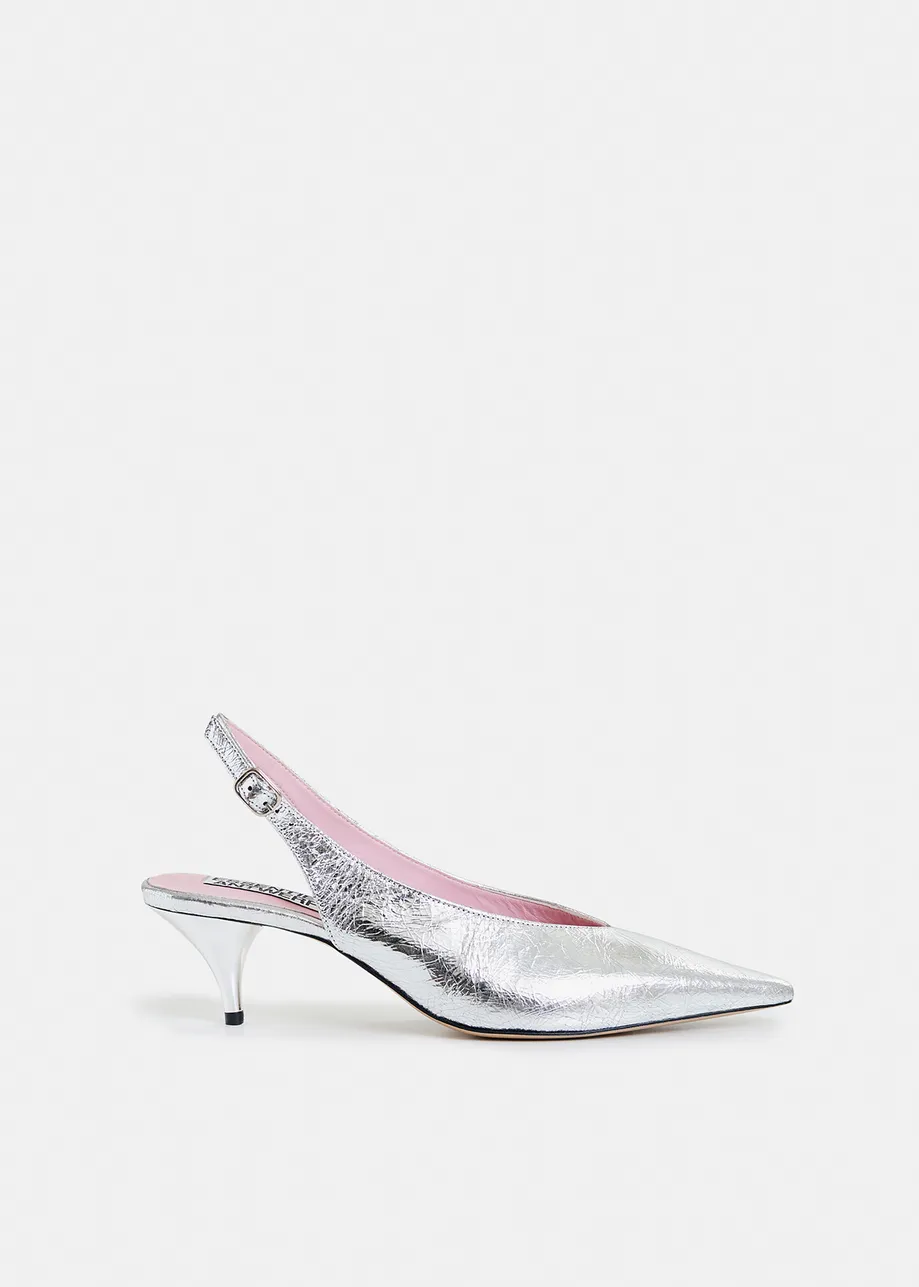 Zilverkleurige leren slingback pumps met strikdetail