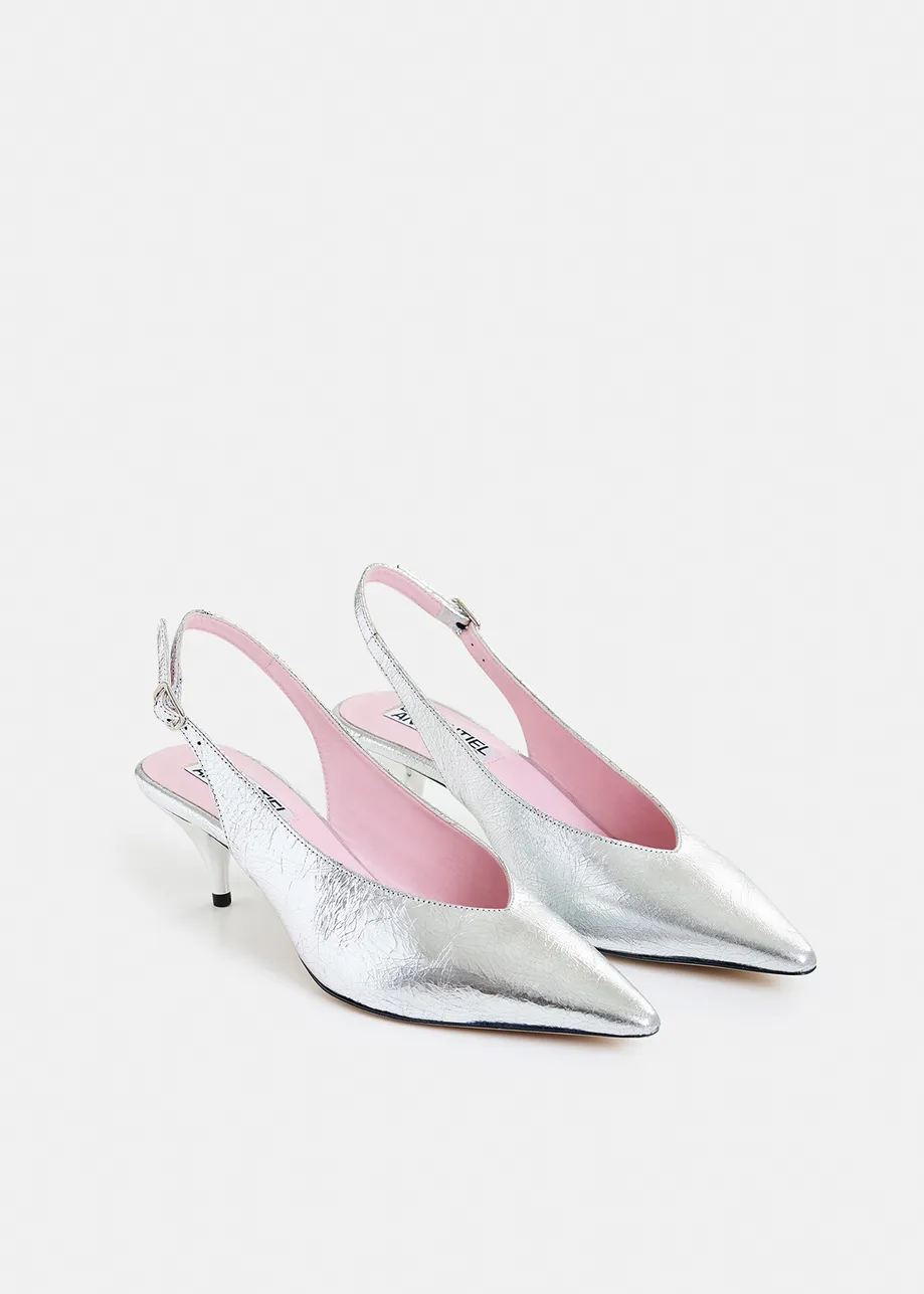 Zilverkleurige leren slingback pumps met strikdetail