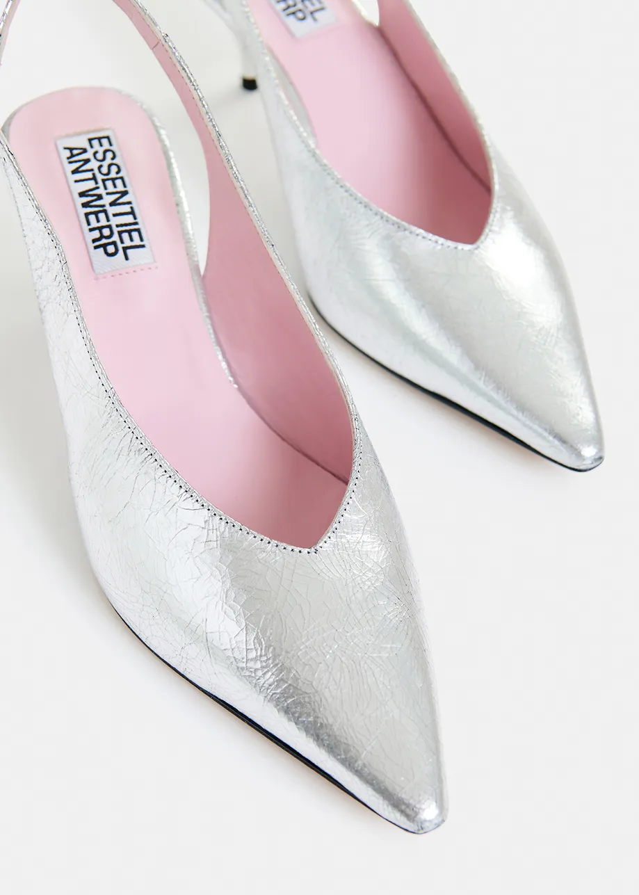 Zilverkleurige leren slingback pumps met strikdetail