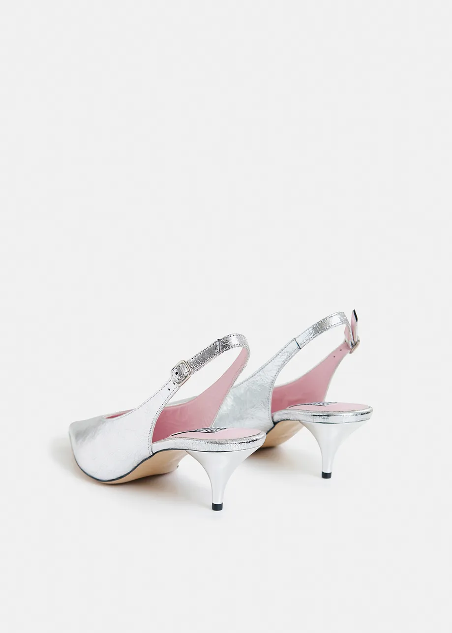 Zilverkleurige leren slingback pumps met strikdetail