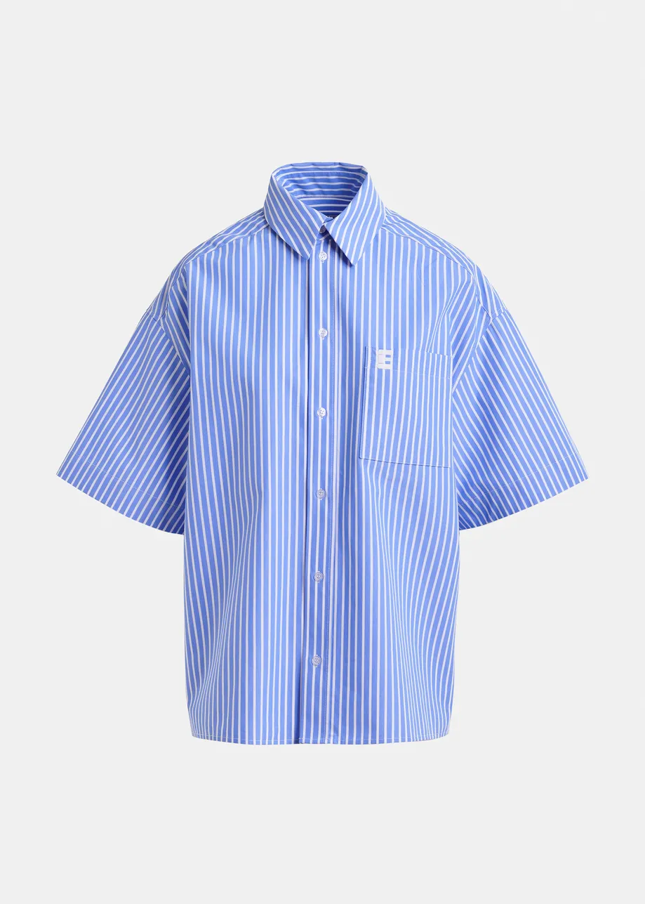Blue and white striped cotton shirt with embroidered detail