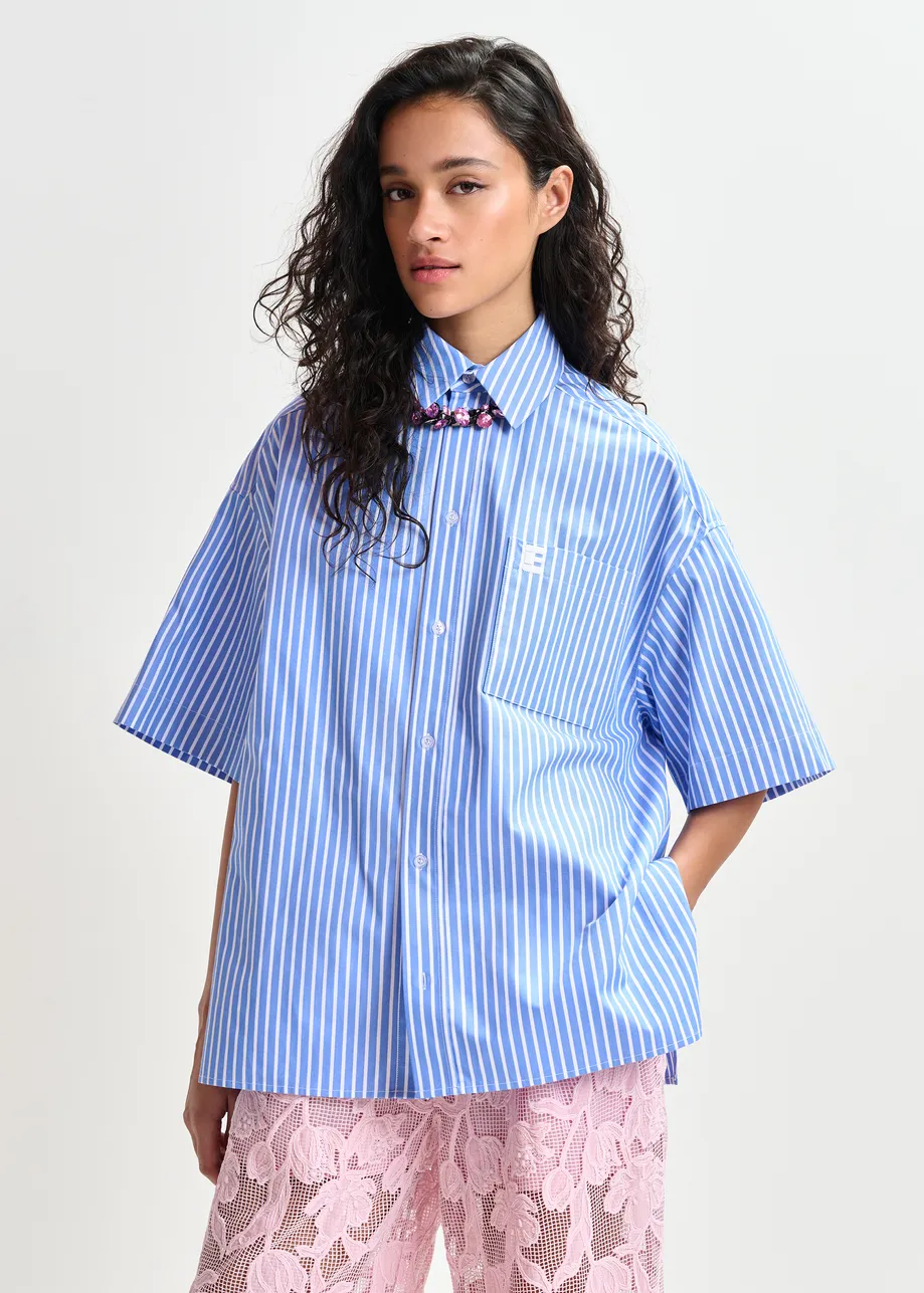 Blue and white striped cotton shirt with embroidered detail