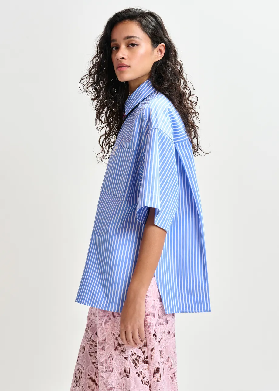 Blue and white striped cotton shirt with embroidered detail
