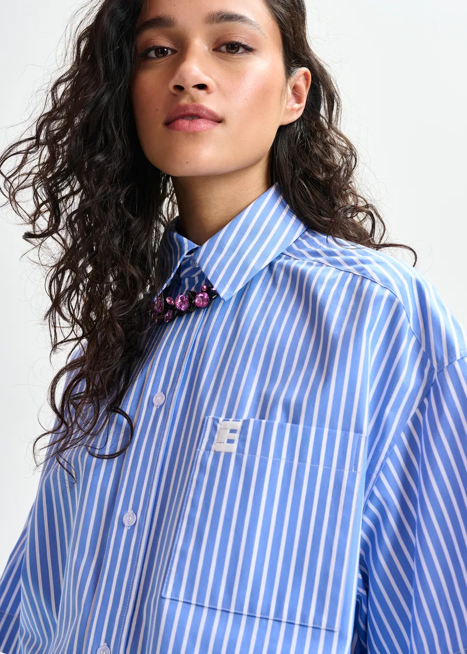 Blue and white striped cotton shirt with embroidered detail