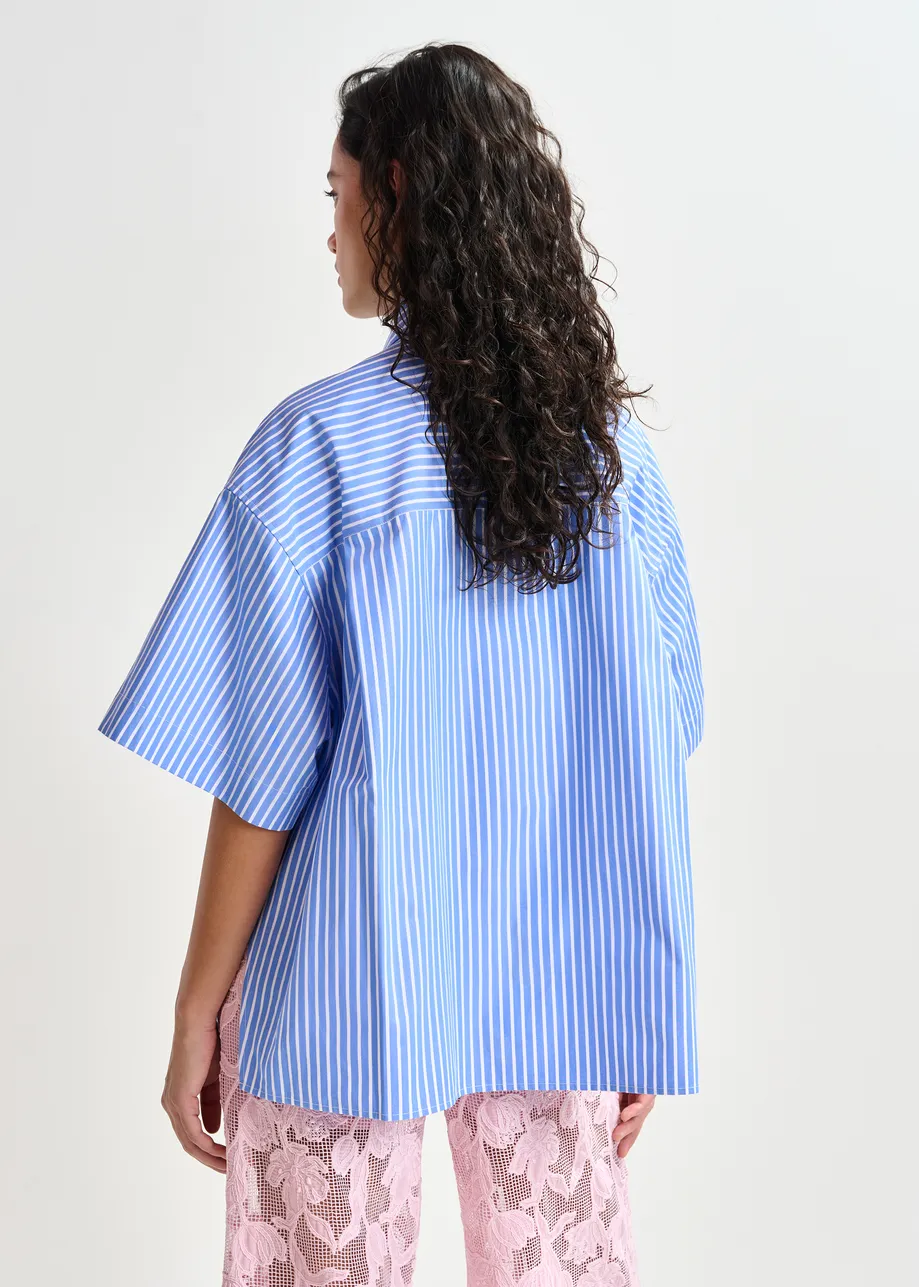 Blue and white striped cotton shirt with embroidered detail