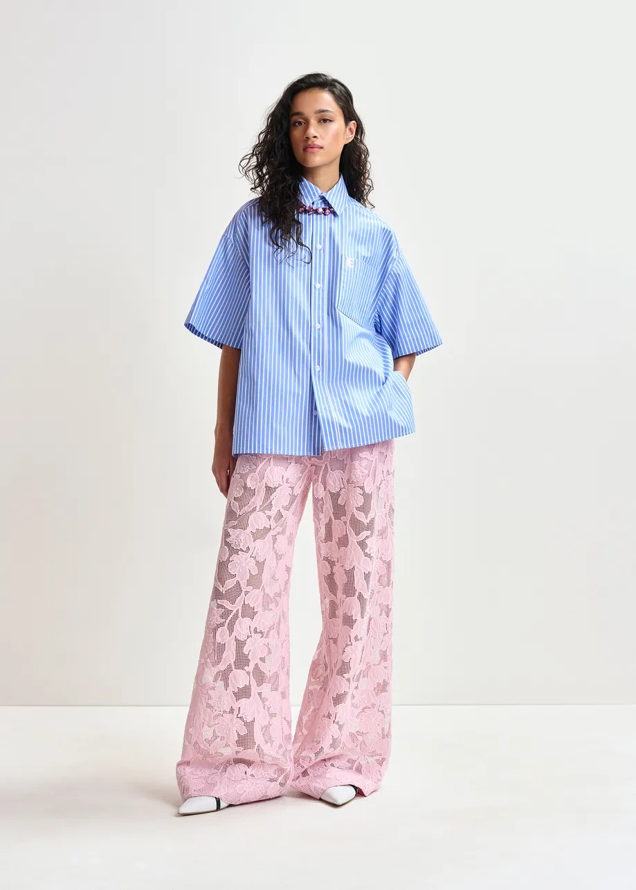 Blue and white striped cotton shirt with embroidered detail