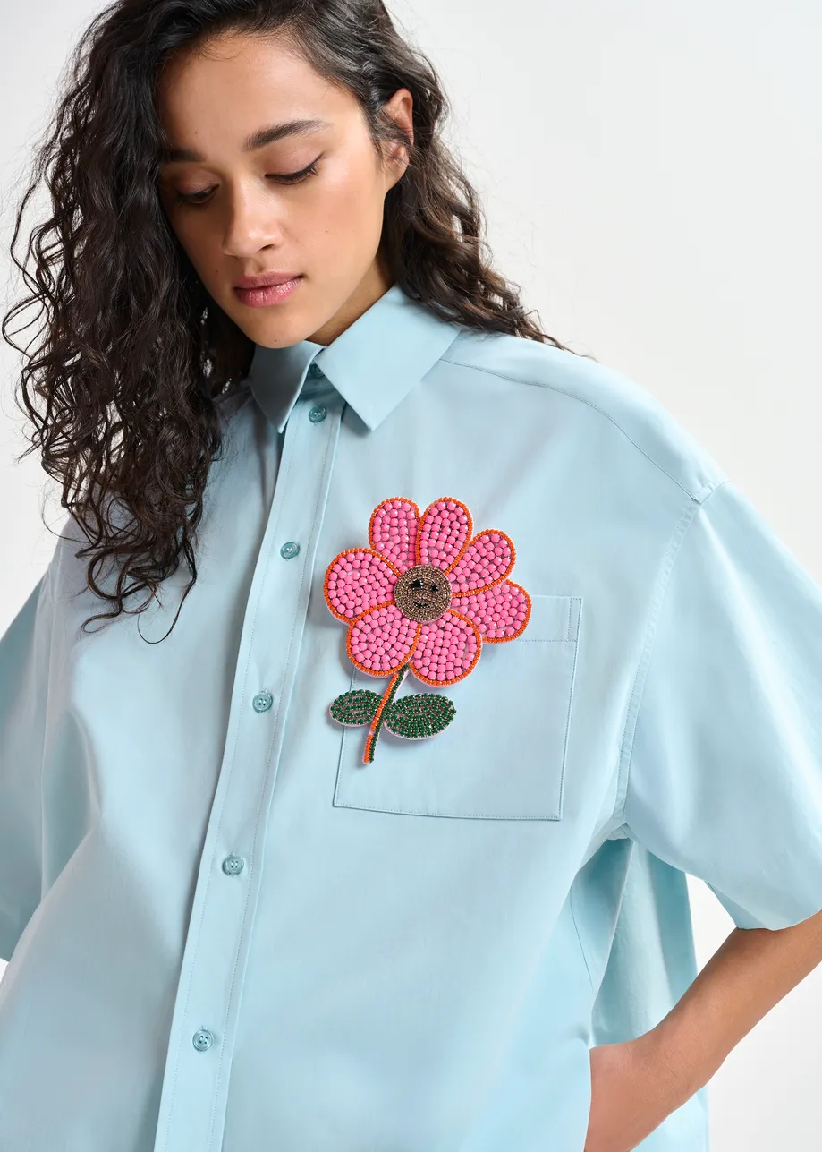 Teal cotton shirt with embroidered detail