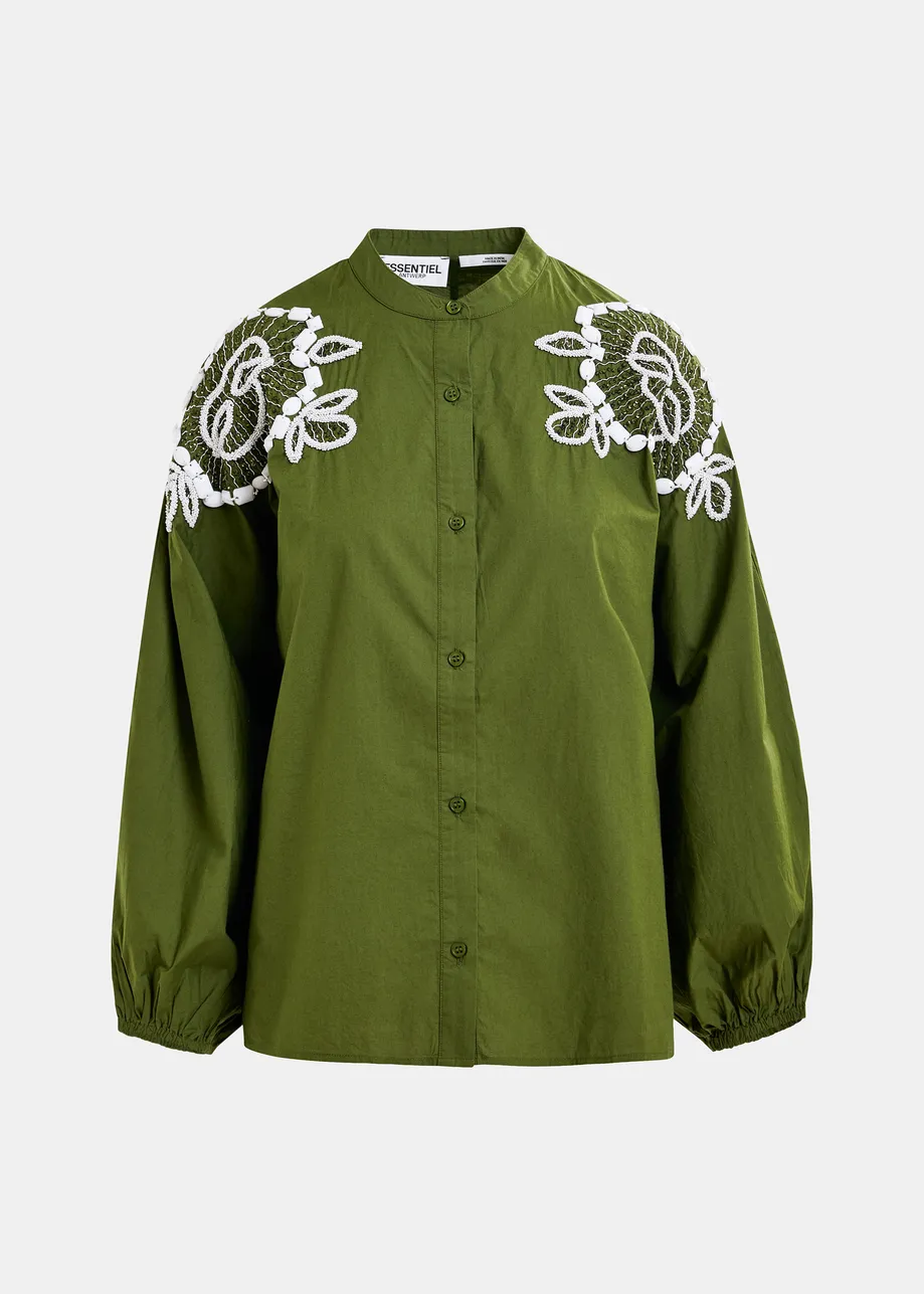 Khaki and white cotton shirt  with bead embellishments and puffed sleeves
