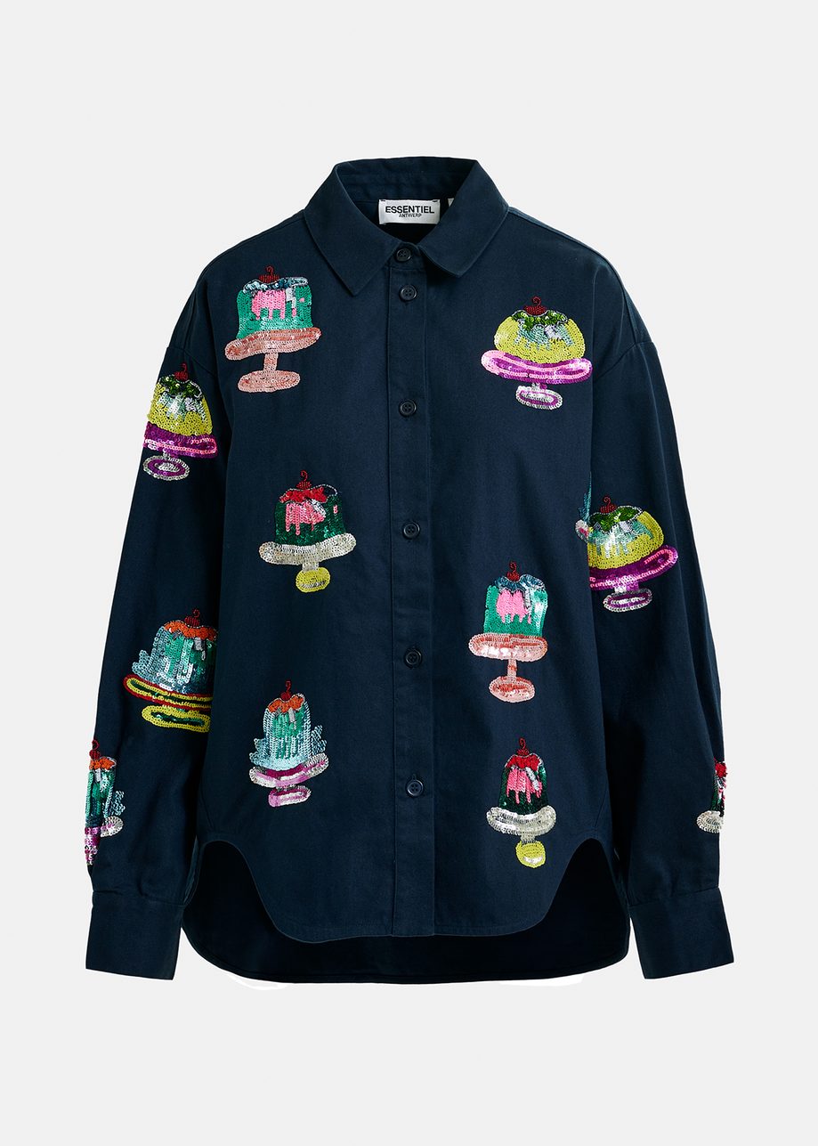 Navy blue cotton shirt with sequin and beaded embroideries