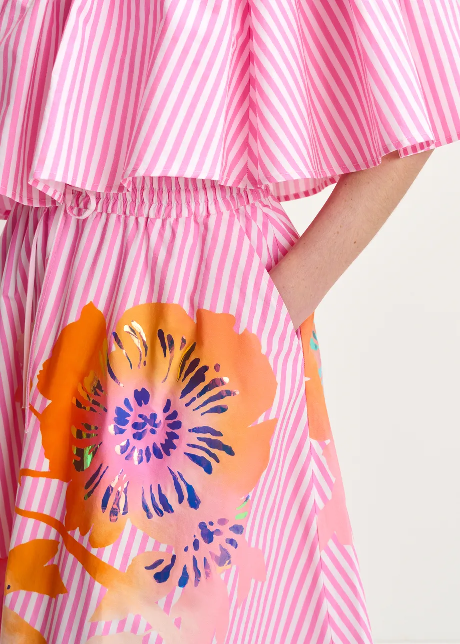 Red, white and orange striped and pleated midi skirt