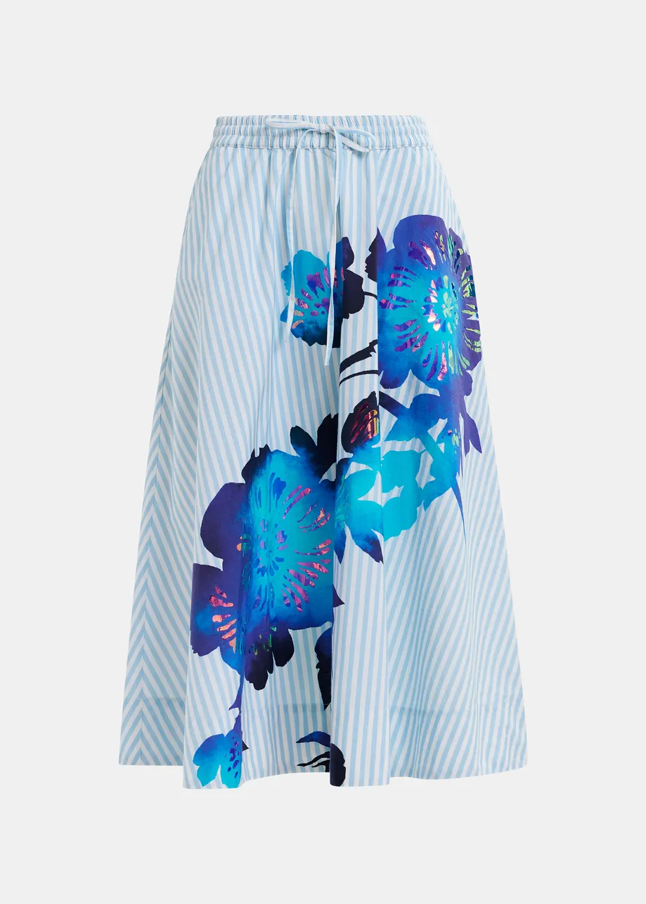 Light blue, white and dark blue striped and pleated midi skirt