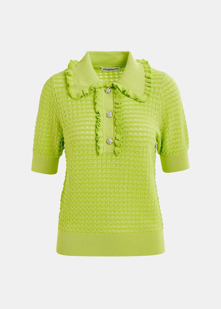 Lime green polo with ruffles and rhinestone-embellished buttons