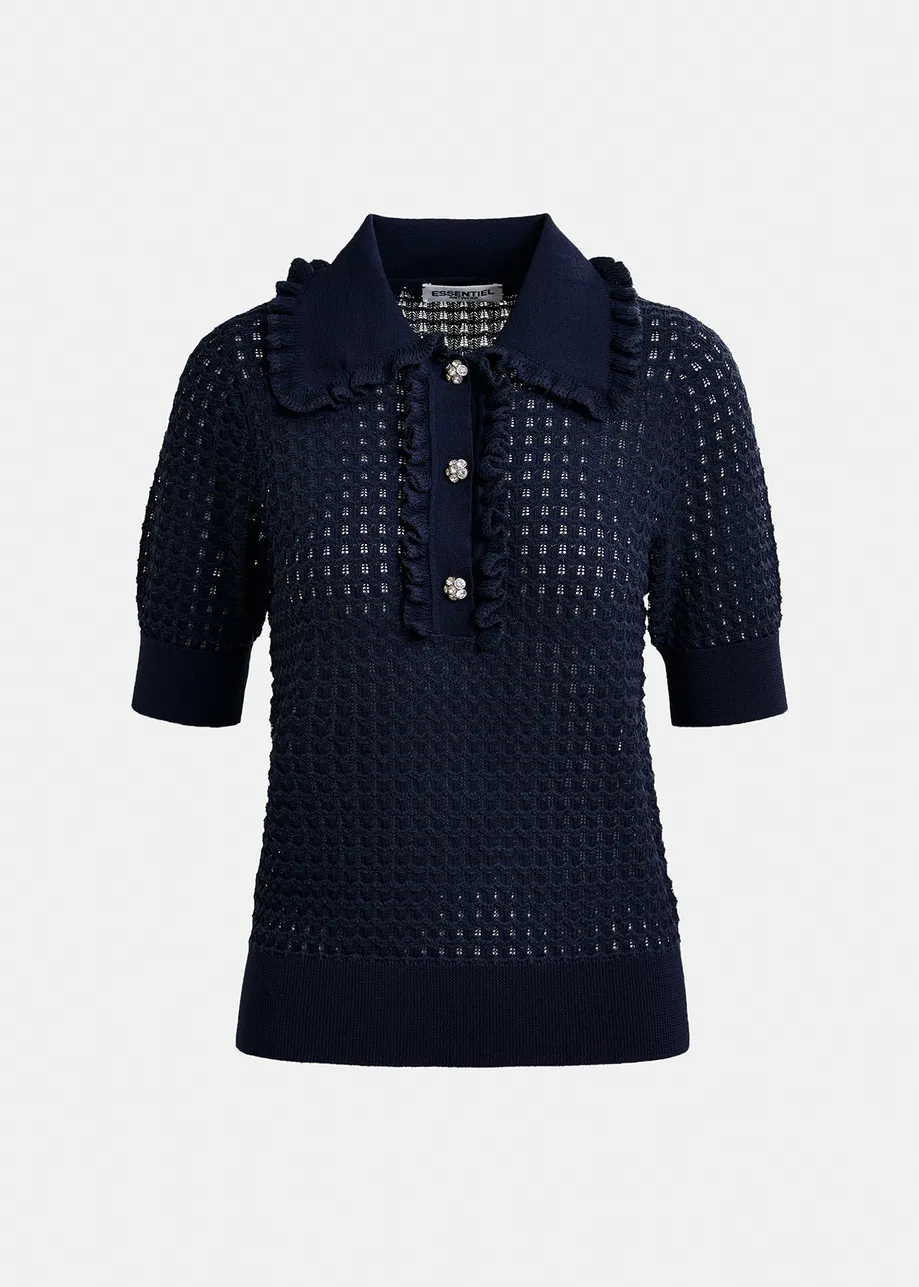 Dark blue polo with ruffles and rhinestone-embellished buttons