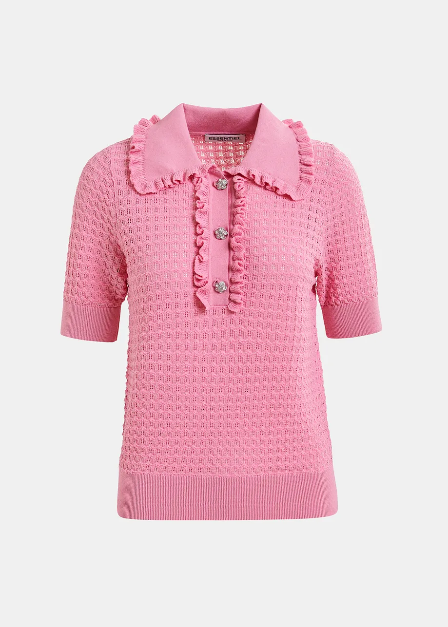 Light pink polo with ruffles and rhinestone-embellished buttons