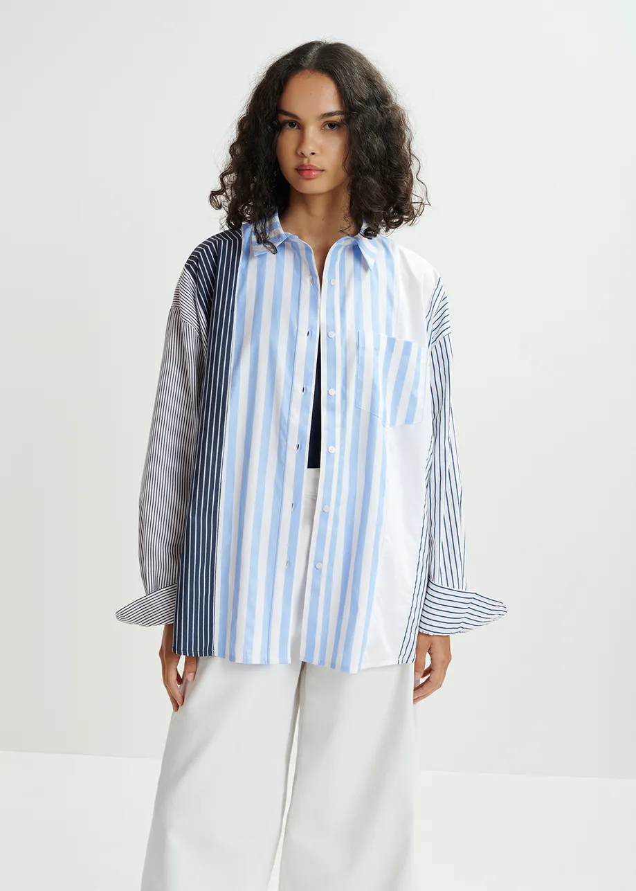 White, light blue and dark blue striped shirt