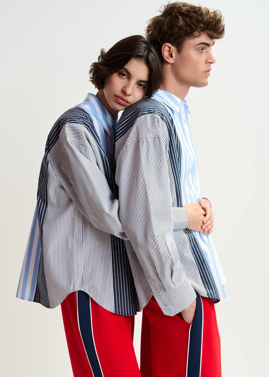 White, light blue and dark blue striped shirt